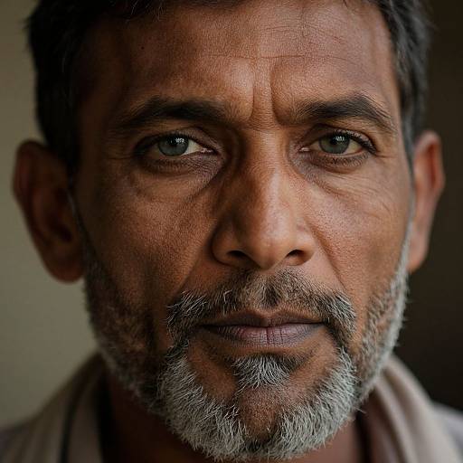 Close-up photograph of a middle-aged Indian man with deep brown skin, gray beard, intense blue eyes, and a serious expression.