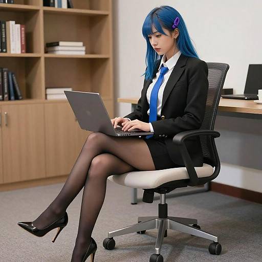 Professional Woman with Blue Hair Typing