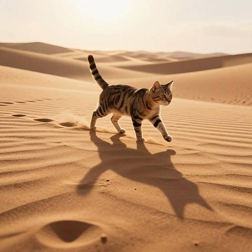 Photograph of a striped tabby cat walking through a sunlit, golden desert with sand dunes, casting long shadows in the warm light.
