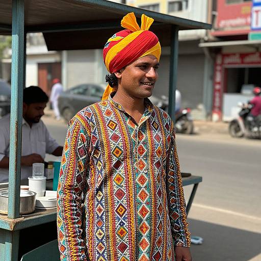 Photograph of a smiling Indian man with a red and yellow turban, wearing a colorful, patterned traditional shirt, standing at a street vendor stall