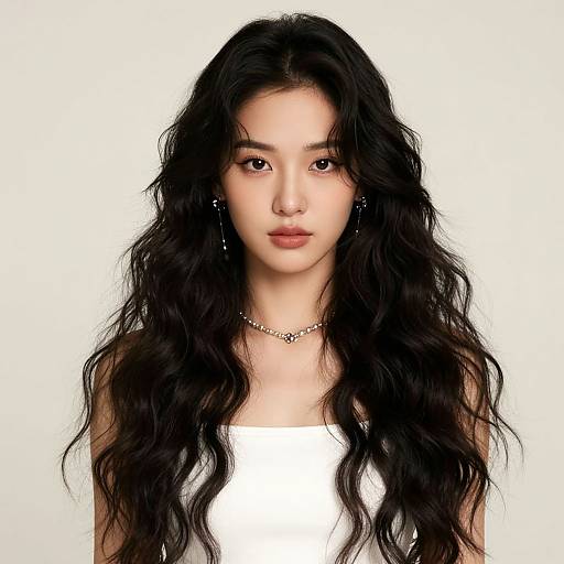 Photograph of an Asian woman with long, wavy black hair, wearing a white top and silver necklace, against a plain white background.