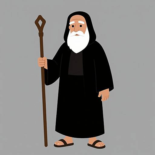 Cartoon-style drawing of a bearded wizard in black robe, holding a wooden staff, wearing sandals, against a plain gray background.