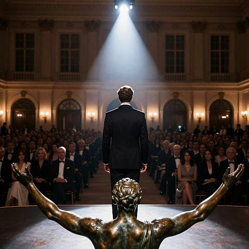 Elegant Formal Event with Bronze Statue