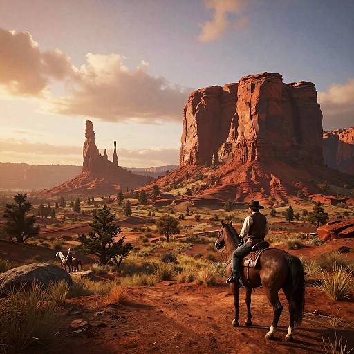 Photograph of a cowboy in a black hat and brown jacket riding a brown horse in a sunlit, red-rock desert landscape with towering buttes and