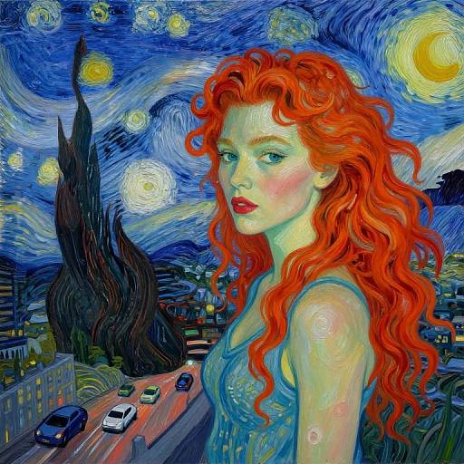 Fiery Redhead in Van Gogh Cityscape