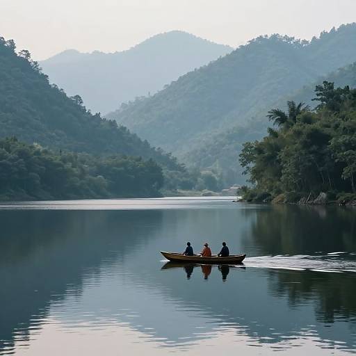 Photograph of a small wooden boat with three silhouetted figures on a reflective, calm lake surrounded by lush, misty mountains.