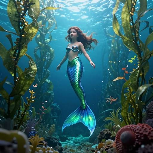 Photorealistic digital art of a green-and-blue mermaid with flowing hair, pearl shell top, and shimmering tail, swimming in a vibrant underwater