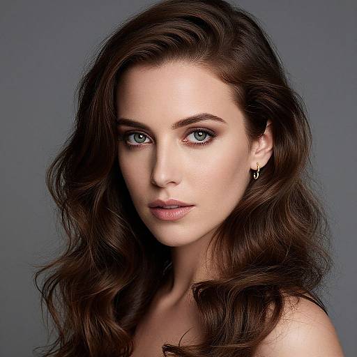 Photograph of a fair-skinned woman with striking blue eyes, wavy dark brown hair, subtle makeup, and small gold hoop earrings, against a