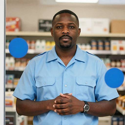 African American Man in Uniform Behind Glass