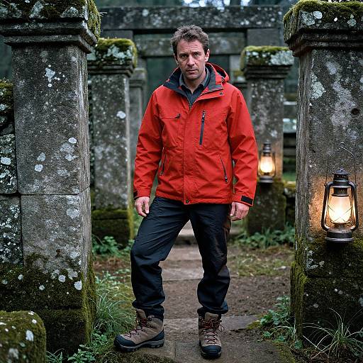 Photograph: Serious middle-aged man in bright red jacket, black pants, brown boots, standing between moss-covered stone pillars with lit lanterns.
