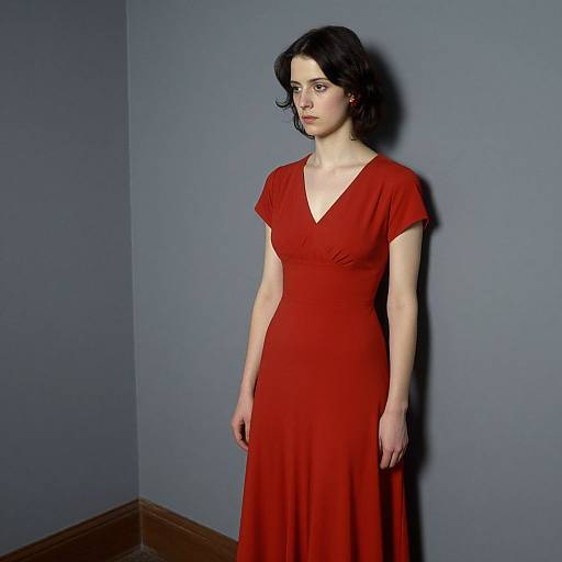 Photograph of a pale-skinned woman with dark curly hair, wearing a red V-neck dress, standing against a gray wall.