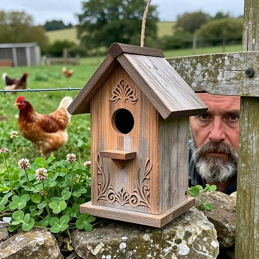 Photograph of a wooden birdhouse with intricate carvings, hanging on a rustic fence, with a bearded man peeking behind, and a