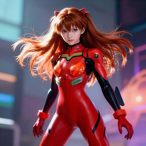 Digital art of Asuka Langley Soryu from Neon Genesis Evangelion, in a red and black glossy plug suit, with flowing auburn