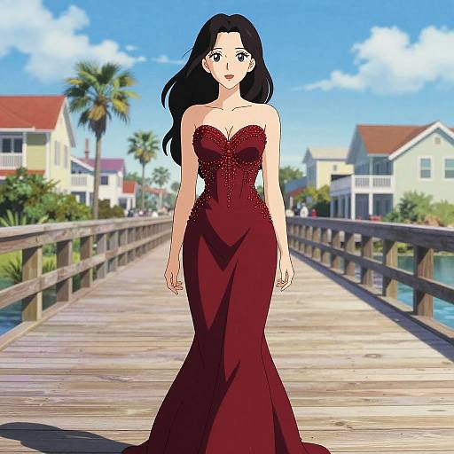 Anime-style digital drawing of a black-haired woman in a strapless, deep red, form-fitting gown, standing on a wooden pier with beach houses