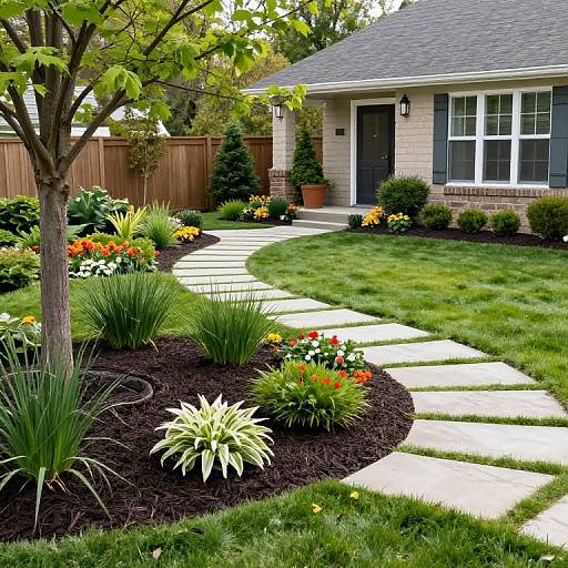 Photograph of a charming suburban garden with a curved stone pathway, colorful flowers, lush green grass, and a beige house.