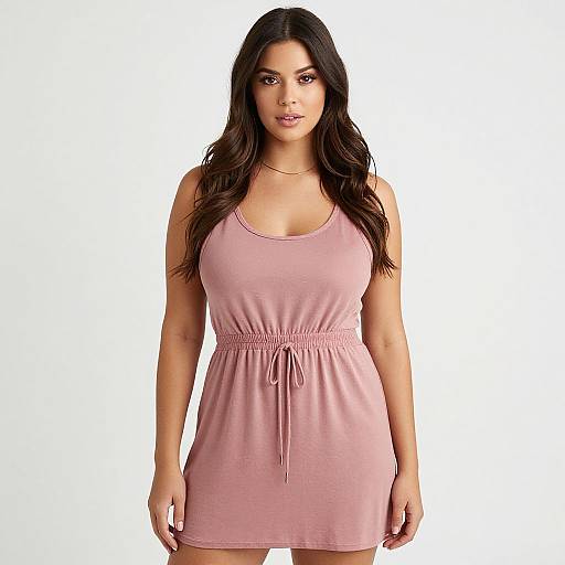 Photograph of a plus-size woman with long dark hair, wearing a pink sleeveless dress with a drawstring waist, standing against a white background.