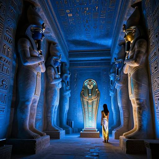 Photograph of an ancient Egyptian tomb illuminated in blue light, featuring towering stone statues, intricate hieroglyphs, and a woman in a glowing dress