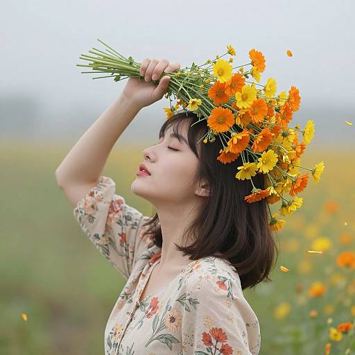 Asian woman with short black hair wears floral dress, holds orange marigold flower crown, eyes closed, standing in blooming field. Photograph.