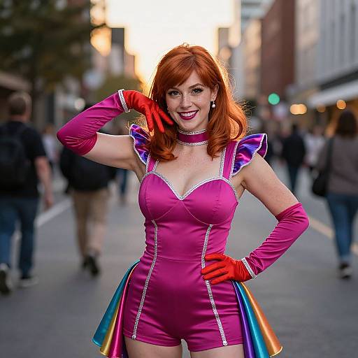 Photograph of a smiling redheaded woman in a pink satin dress with rainbow accents, red gloves, and choker, posing on a city street at