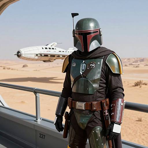 Photograph of a Mandalorian clone trooper in green armor with helmet, standing on a desert observation deck, with a white aircraft in the sandy background