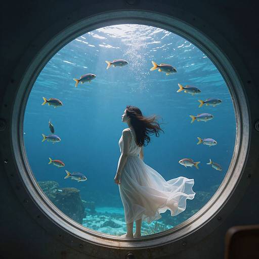 Photograph of a woman with long brown hair in a flowing white dress, standing underwater, surrounded by colorful fish, viewed through a circular porthole