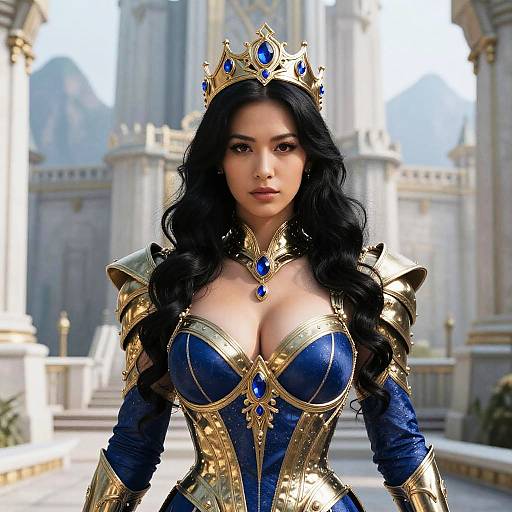 Digital artwork of a beautiful, fair-skinned queen with long black hair, wearing a gold and blue regal dress, crown, and jewelry, standing