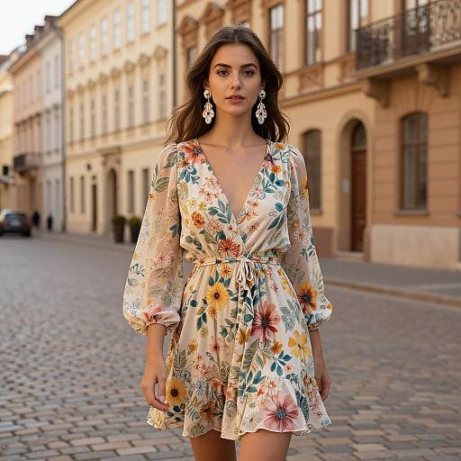 Young Woman in Floral Dress on European Street