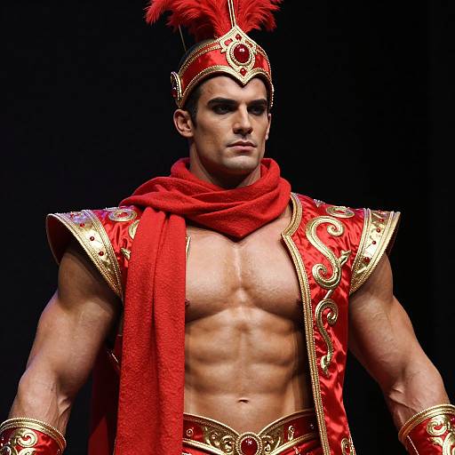 Photograph of a muscular, fair-skinned man in elaborate ancient Roman-style armor with red and gold details, red scarf, and feathered helmet,