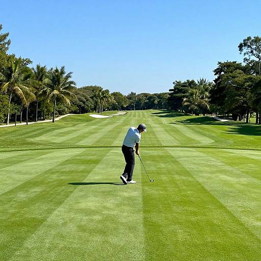 Photograph of a golfer in white shirt and black pants, wearing a cap, putting on a lush green golf course with palm trees in the background