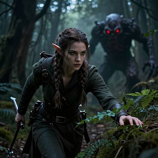 Photorealistic CGI of a serious elf woman with long braids, dark green outfit, and pointed ears, crouching in a dark forest,