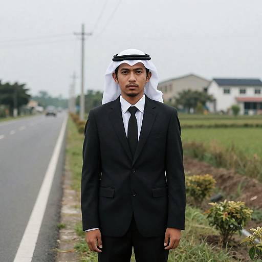 Serious Asian Man on Urban Roadside