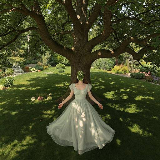 Photograph of a woman in a white, sheer, vintage-style wedding dress standing with arms outstretched under a large, leafy tree in a