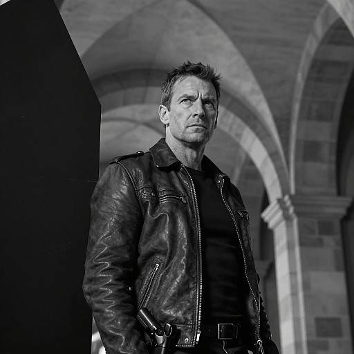 Dramatic Grayscale Portrait Under Archway