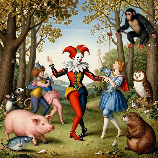 Vibrant Renaissance-style painting of jestering clown in red and black suit, dancing with blue-dressed woman amidst forest animals and trees.