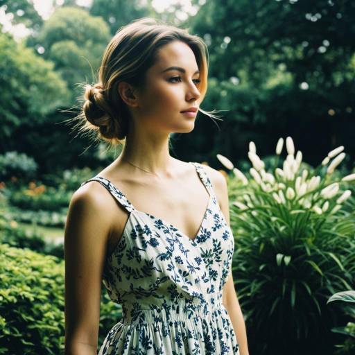Woman in Summer Dress with Side Part Hairstyle in Botanical Garden Woman in Summer Dress with Side Part Hairstyle in Botanical Garden
