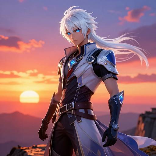 Digital artwork of a white-haired, blue-eyed male warrior with glowing blue armor, standing at sunset with a vibrant orange and purple sky.