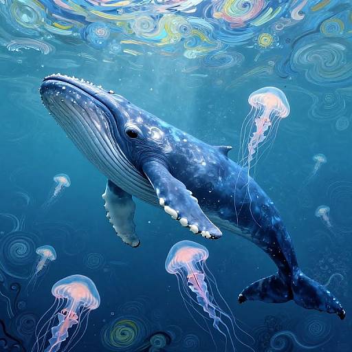 Digital art: A massive blue whale with textured skin glides through a vibrant, swirling blue ocean, surrounded by glowing jellyfish.