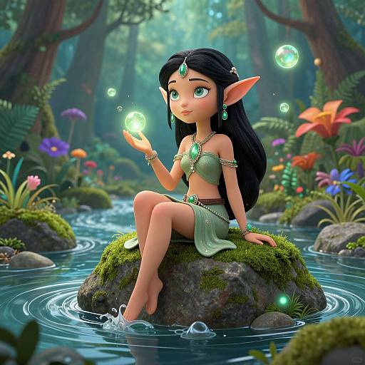 CGI fantasy scene: Elven girl with black hair, green eyes, and pointed ears, sitting on mossy rock in enchanted forest, holding glowing