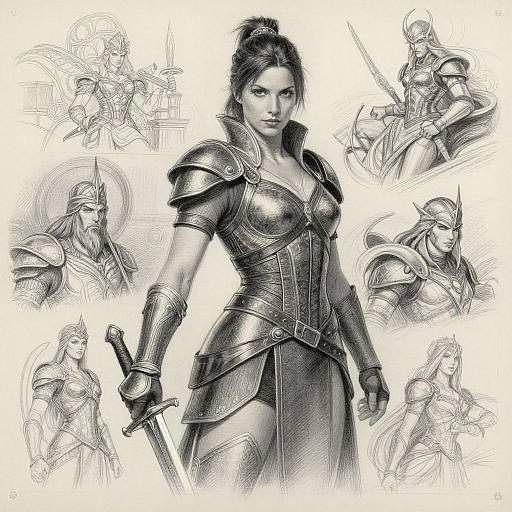 Digital pencil sketch of a fierce, armored woman with dark hair in a bun, holding a sword, surrounded by detailed warrior sketches.