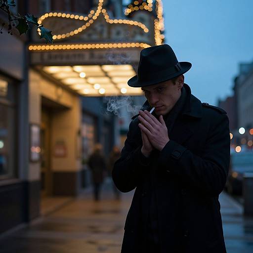 Photograph of a pensive man in a dark hat and coat, smoking a cigarette on a rainy evening street, with a brightly lit, ornate