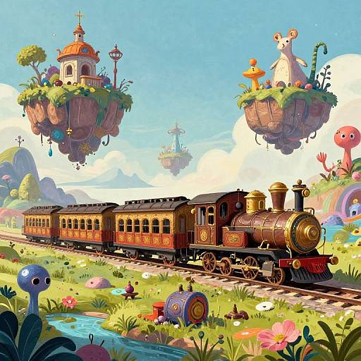 Colorful digital illustration of a whimsical steam train traveling through a vibrant, fantasy landscape with floating gardens, animals, and flowers.
