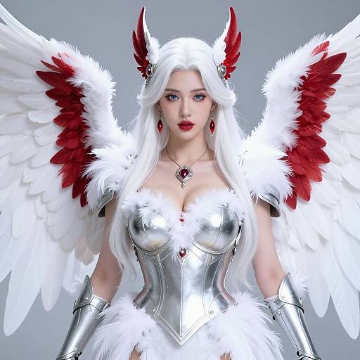 CGI image of a white-haired, fair-skinned angelic woman with red wings, silver armor, and red accents, wearing a white fur-tr