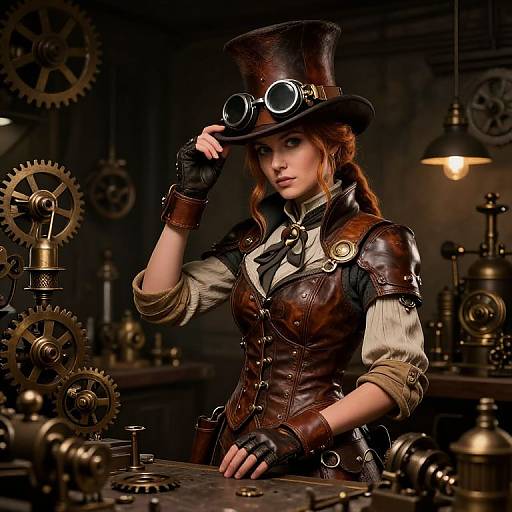 Steampunk woman with brown leather corset, goggles, top hat, and fingerless gloves, adjusting hat among gears in dimly lit workshop.