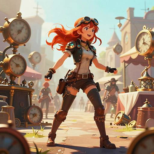 Digital artwork of a red-haired, anime-style woman in steampunk attire, standing confidently in a sunlit, clock-filled market street.