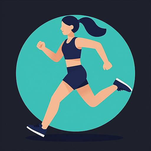 Digital illustration of a fit woman with black ponytail, wearing a sports bra and shorts, running against a turquoise circle.