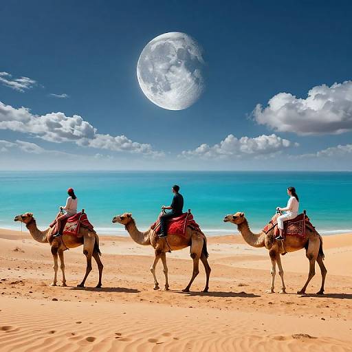 Photograph of three people riding camels on a bright sandy beach under a full moonlit blue sky with scattered clouds and turquoise ocean.