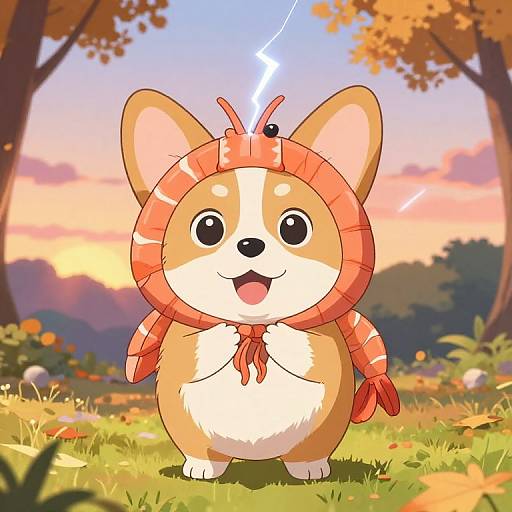 Adorable corgi cartoon wearing orange striped scarf with lightning bolt on head, standing in colorful autumn forest, smiling happily. Digital art.