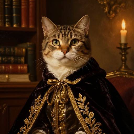 Photograph of a regal tabby cat in an ornate black velvet robe with gold embroidery, surrounded by a dimly lit library with books and