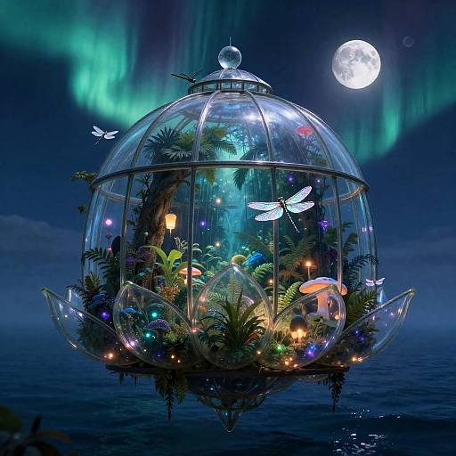 Surreal Floating Glass Lotus Greenhouse with Bioluminescent Rainforest
