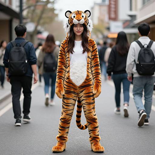 Photograph of a woman in a full tiger onesie with white chest, standing on a city street, surrounded by pedestrians.